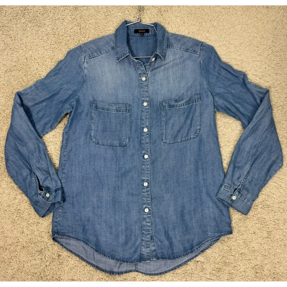 Quince Women's Distressed‎ Chambray Roll Tab Long Sleeve Button Up Shirt Size XS - Picture 5 of 8